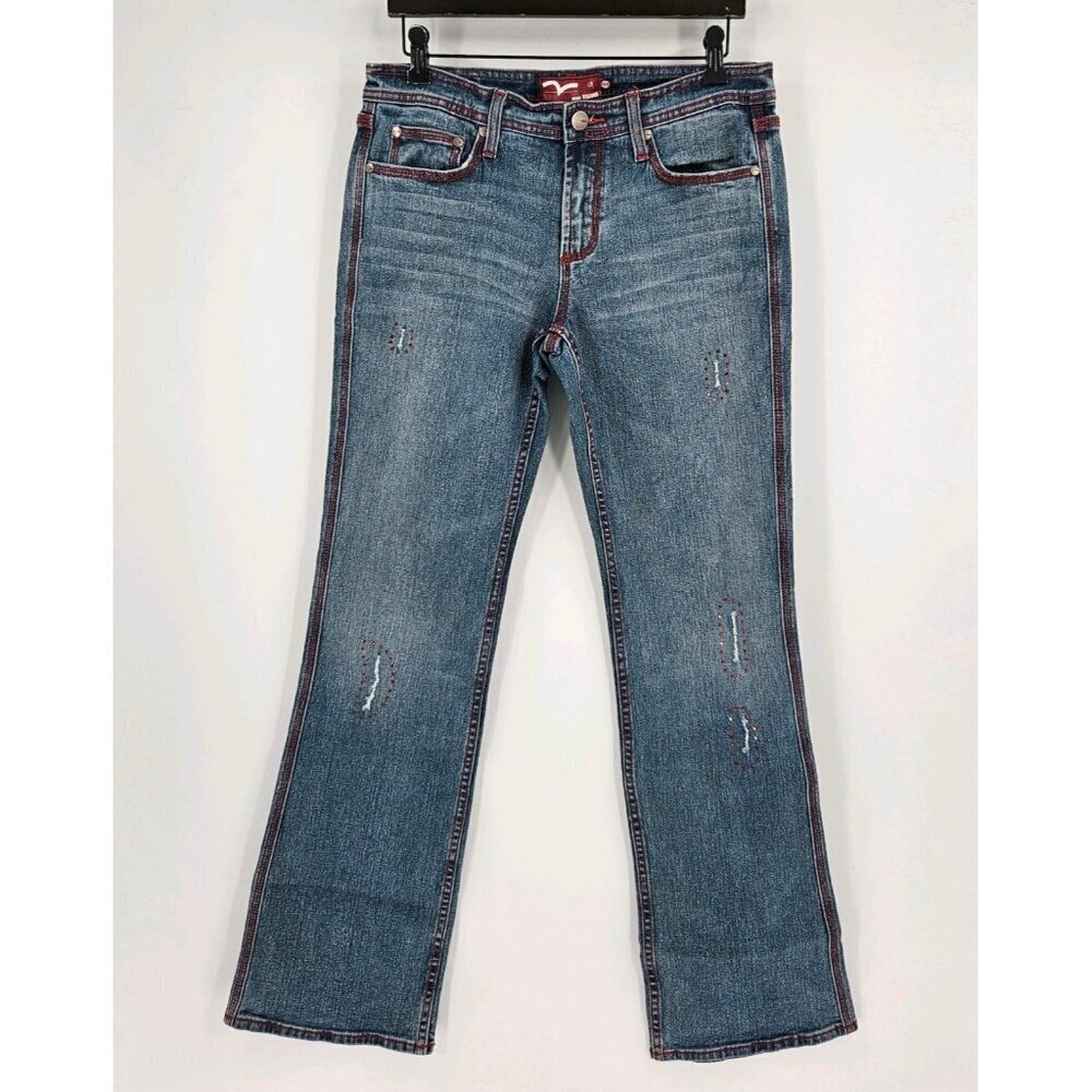 Miss Vigoss Womens Sz 11/12 Jeans Stretch Red Stitched Distressed Straight Leg